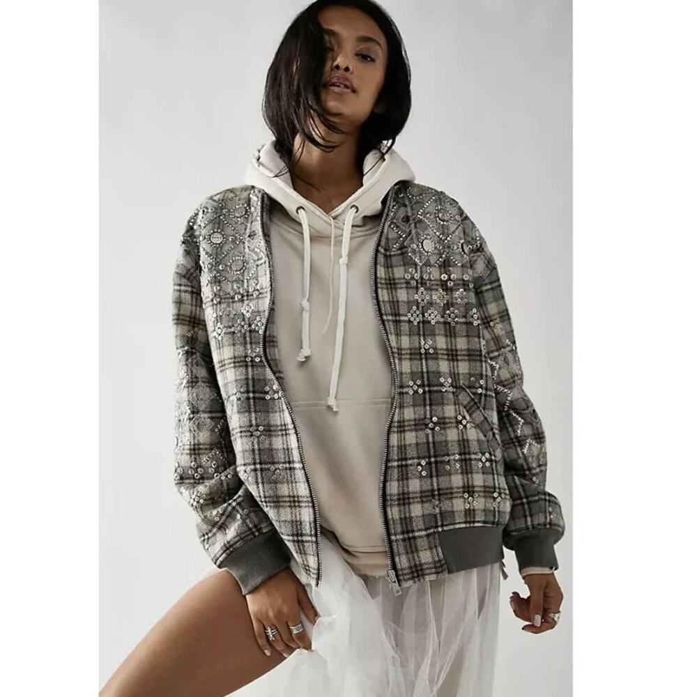 New Free People Louie Embellished Bomber Jacket OVERSIZED $458 MEDIUM Gray